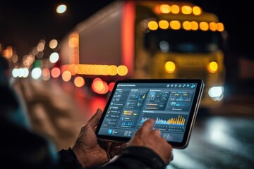 Hands holding tablet showing delivery dashboard in front of incoming truck headlights
