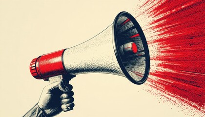A stylized hand holds a vintage red and white megaphone Dynamic red sound waves radiate from its speaker