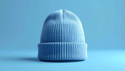 Minimalist Blue Beanie Hat on Matching Background - A Clean Aesthetic.