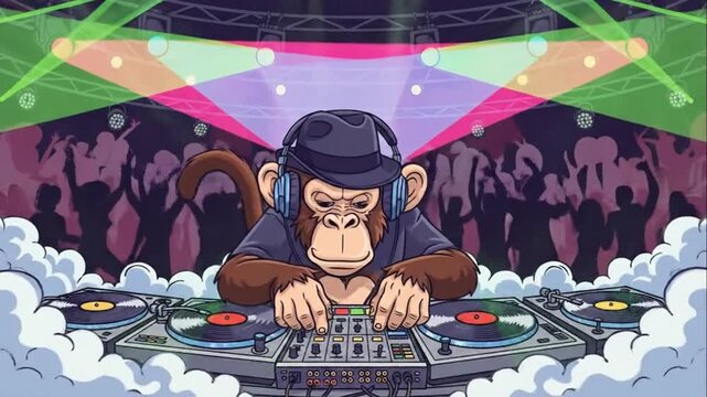Monkey DJ with Headphones Mixing Music at Nightclub Party