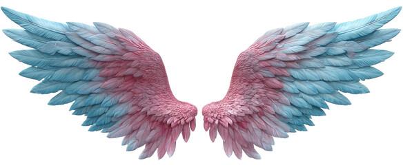 Pair of pastel-colored angel wings.  Detailed feathers in shades of pink and light blue, a gradient effect, spread wide against a black background