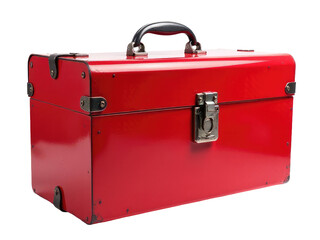 A red suitcase with a handle on a white background, suitable for travel or luggage themes