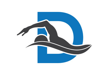 Obraz premium Intel latter D with modern swimming competition logo design with dynamic water elements