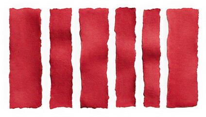 Red watercolor paper strips with torn edges arranged vertically on transparency background, textured surface, artistic and creative mood, suitable for craft or design projects