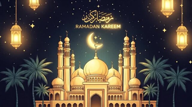 Ramadan Kareem Illustration Mosque Lanterns Crescent Moon Night Sky