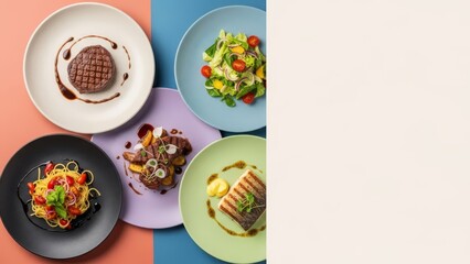 An artful arrangement of delicious entrees including pasta, steak, and salad