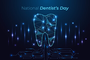 National dentists day glowing digital teeth on circuit board. Oral neon blue wireframe. futuristic; tech; healthcare and dental week holiday concept background.