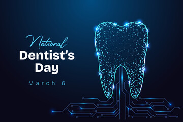 National dentists day glowing digital teeth on circuit board. Oral neon blue wireframe. futuristic, tech, healthcare and dental week holiday concept background.