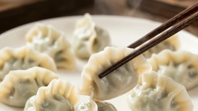 Chopsticks picking up a steaming handmade dumpling on a white plate