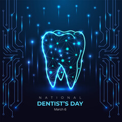 National dentists day glowing digital teeth on circuit board. Oral neon blue wireframe. futuristic, tech, healthcare and dental week holiday concept background.