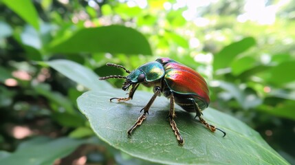 A resplendent iridescent beetle with metallic red and green markings rests upon a textured green leaf in natural outdoor light