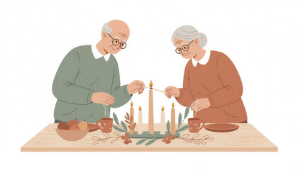 Illustration of an elderly couple lighting candles together on a festive table