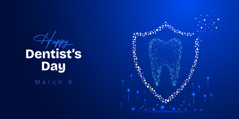 National dentists day glowing digital teeth and shield with small particles. Futuristic, tech, healthcare and dental week holiday concept background.