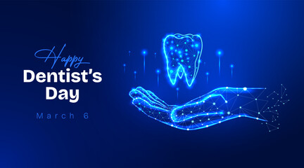 National dentists day glowing digital teeth and futuristic hand on blue background.