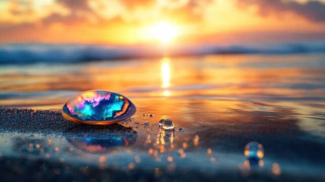 A smooth iridescent abalone shell rests on wet sand reflecting the vibrant spectrum of a colorful sunset over the ocean waves