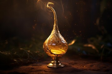 Ornate golden bottle containing glowing magical liquid standing on the ground, emitting smoke and particles