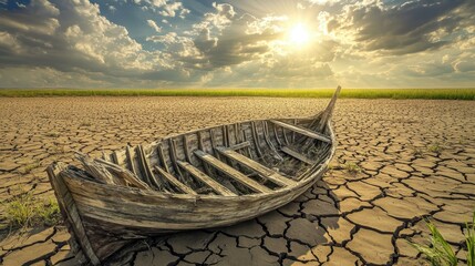An ancient cracked wooden boat hull sits abandoned on a sun drenched dry earth cracked landscape under a bright cloudy sky