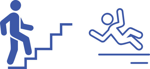 Blue person climbing stairs next to falling person