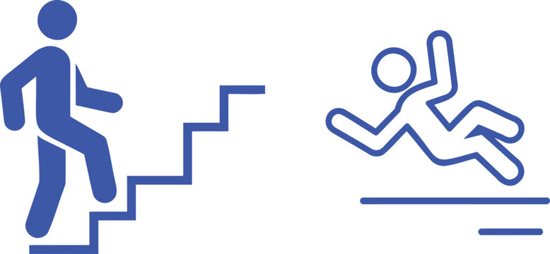 Blue person climbing stairs next to falling person