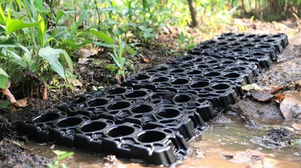 Black interlocking plastic grid mats laid on wet ground with green vegetation in the background providing ground reinforcement and drainage