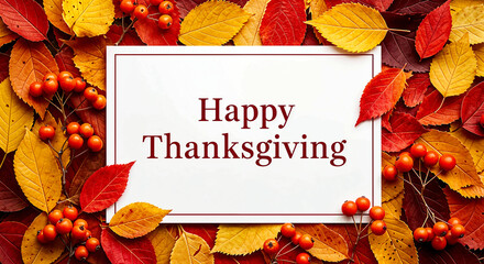 Happy Thanksgiving Greeting with Autumn Leaves and Red Berries on Card
