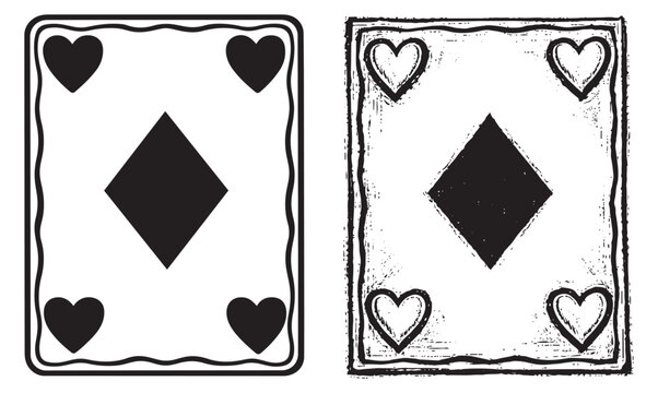 Hand drawn and grunge line art playing cards set featuring a diamond suit with heart symbols for games and entertainment