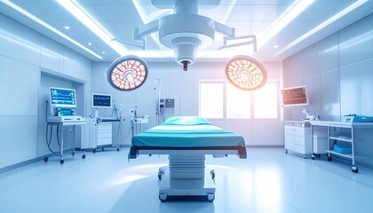 Medical Operating Room with Surgical Lights and Bed