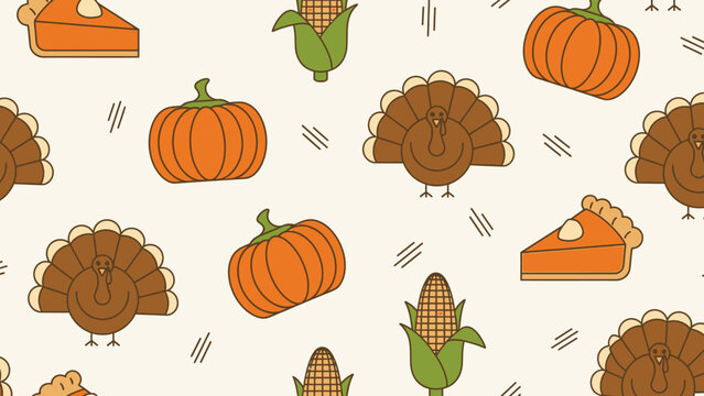 A festive and colorful seamless pattern featuring cartoon turkeys, pumpkins, corn on the cob, and pumpkin pie slices on a light background, perfect for Thanksgiving celebrations.
