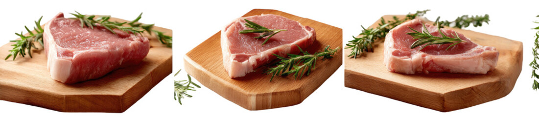 Raw meat cuts on wooden cutting boards