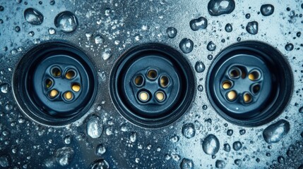 Close up of electronic device charging ports with water droplets on a metallic surface
