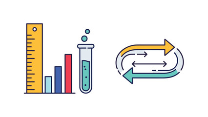 Measurement and research icons including a ruler bar chart and a bubbling test tube represent continuous analytical cycles.