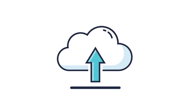 Cloud computing icon with a blue arrow pointing upwards representing data upload to the internet or a secure server.