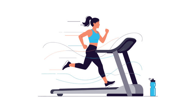 Young woman in fitness clothes running on a treadmill with dynamic motion lines and a water bottle for a healthy lifestyle.