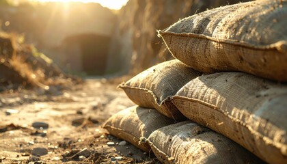 Sandbags forming a protective barrier in sunlight