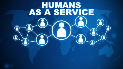 Animated Human as a Service concept on blue background with world map and social icons. Social network connections, Connected people nodes, and global communication concept. 4K Video - Powered by Adobe