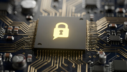 Secure processor chip with lock icon on modern motherboard, representing hardware level cybersecurity, encrypted data protection, privacy systems and advanced digital security technology