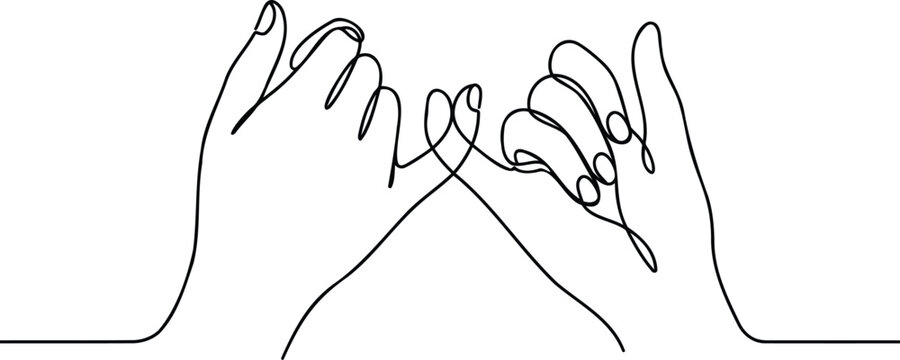 Continuous line drawing of two hands making a pinky promise gesture, symbolizing trust and friendship.
