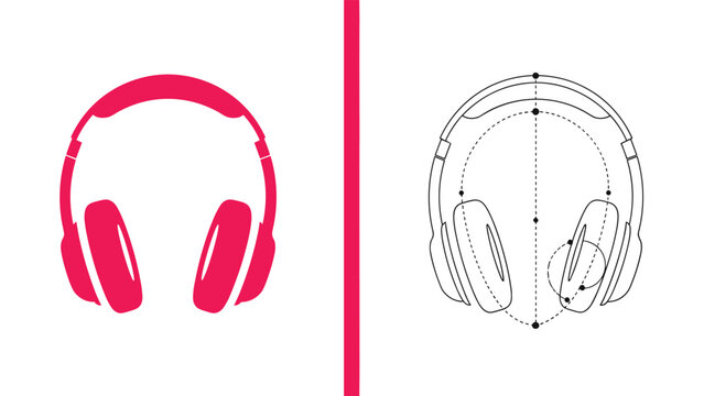 Pink headphone silhouette next to its technical blueprint sketch illustrates the product design process and audio engineering.