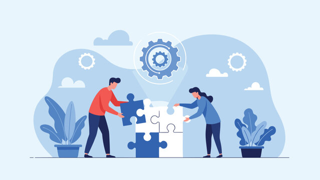 Man and woman collaborating to assemble a giant jigsaw puzzle under a central gear symbol illustrates teamwork and problem solving.