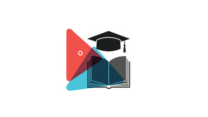 Educational brand identity logo featuring a graduation cap above an open book with abstract colorful triangular elements.