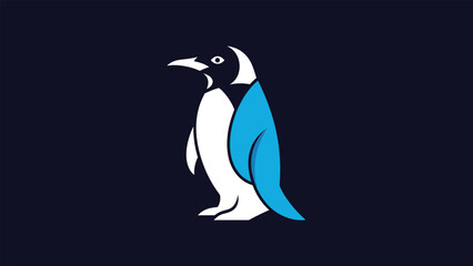 Obraz premium Stylized penguin mascot logo design in blue and white colors standing against a solid dark navy blue background.