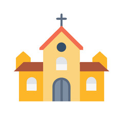 Stylized church icon on black background with simple design, neutral colors