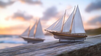 Detailed miniature wooden sailing ship models displayed on a weathered wooden surface with a soft hazy sunset sky in the background