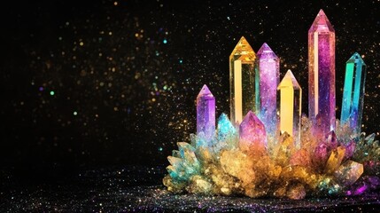 Glistening multifaceted crystal prisms refracting light with vibrant colors against a dark speckled background