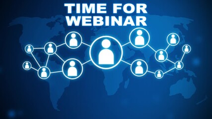 Animated time for webinar concept on blue background with world map and social icons. Social network connections, Connected people nodes, and global communication concept. 4K Video - Powered by Adobe
