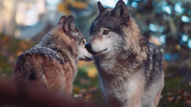 Two Wolves (Canis lupus) running in wilderness