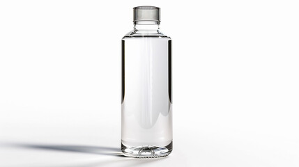 Modern transparent plastic water bottle minimalist design crystal clarity sharp reflections sleek form professional studio lighting isolated pure white background commercial stock photo style
