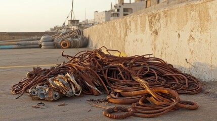 Piles of rusted industrial tubing and cables stored at a maritime port with ships in the background
