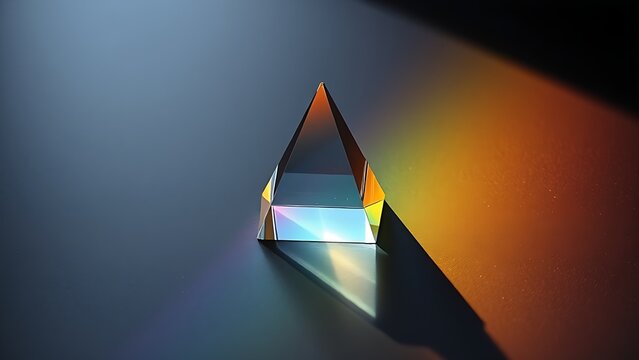 rockwell. Clear glass prism refracting rainbow light spectrum on dark surface. STEM education sheets, lab safety posters, designed for biotech research communications, used by data analysts.