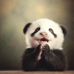 Obraz premium A cute panda cub claps its paws, exuding joy and playfulness.